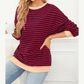 Adilynn Red Stripe Contrast Ribbed Trim Crossed Stitch Drop Shoulder Sweatshirt