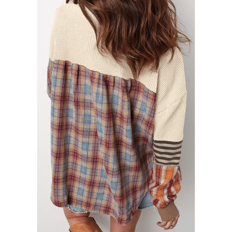 Jenny Parchment Waffle Stripe Plaid Patchwork Henley Knit Top