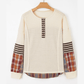 Jenny Parchment Waffle Stripe Plaid Patchwork Henley Knit Top
