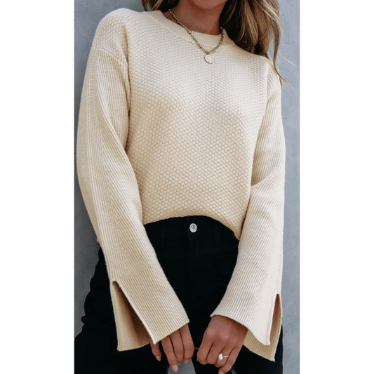 Charidy Parchment Textured Knit Split Cuff Drop Shoulder Loose Sweater
