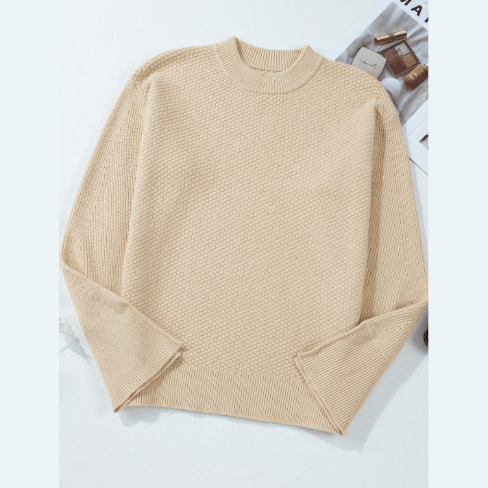 Charidy Parchment Textured Knit Split Cuff Drop Shoulder Loose Sweater