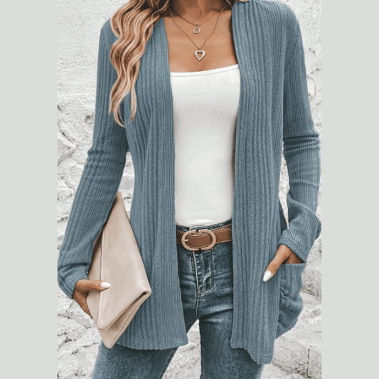 Corrin Stone Blue Ribbed Open Front Knitted Top with Pockets