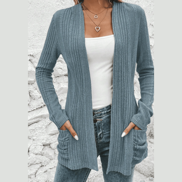 Corrin Stone Blue Ribbed Open Front Knitted Top with Pockets
