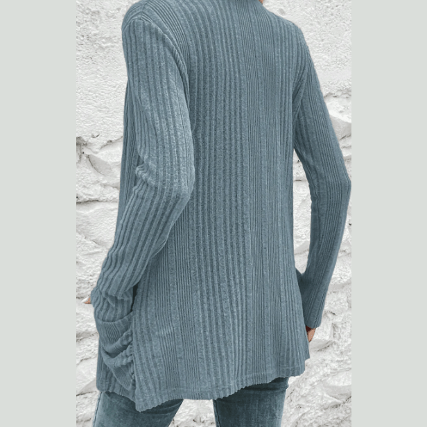 Corrin Stone Blue Ribbed Open Front Knitted Top with Pockets