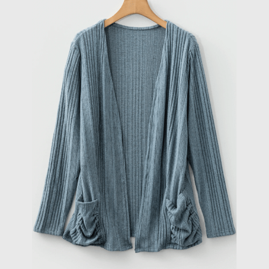 Corrin Stone Blue Ribbed Open Front Knitted Top with Pockets