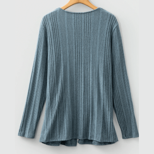 Corrin Stone Blue Ribbed Open Front Knitted Top with Pockets