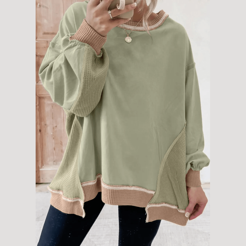 Getty Green Color Block Mix Texture Waffle Patchwork Oversize Sweatshirt