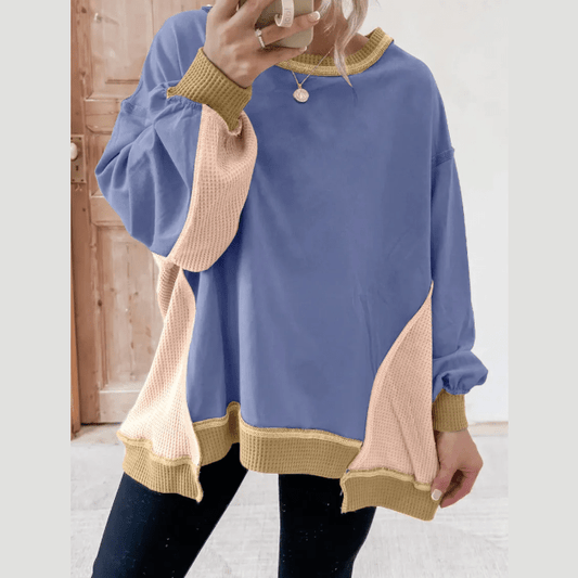 Getty Blue Color Block Mix Texture Waffle Patchwork Oversize Sweatshirt