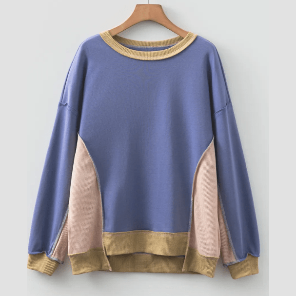 Getty Blue Color Block Mix Texture Waffle Patchwork Oversize Sweatshirt