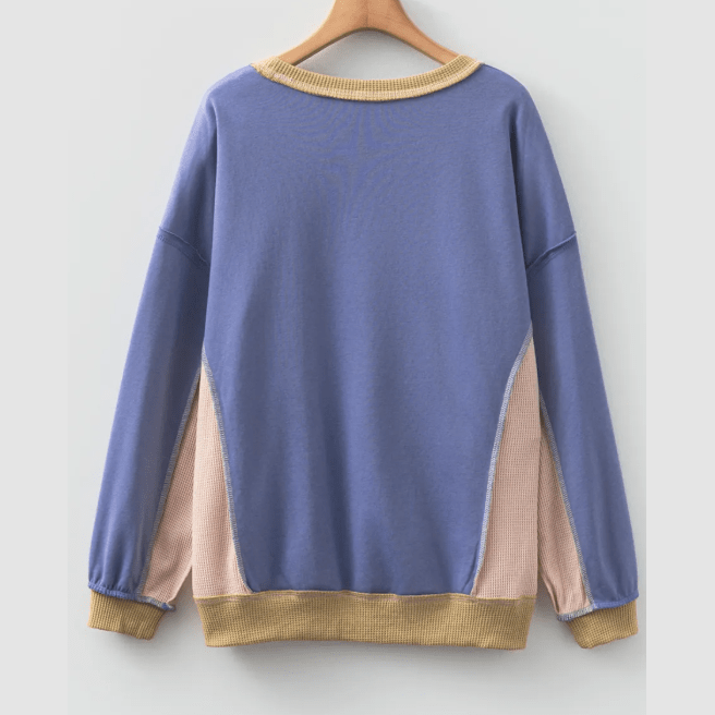 Getty Blue Color Block Mix Texture Waffle Patchwork Oversize Sweatshirt