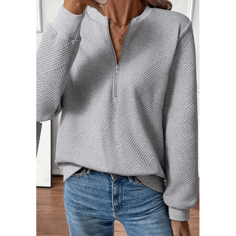 Ebba Grey Trendy Textured Half Zip Loose Sweatshirt