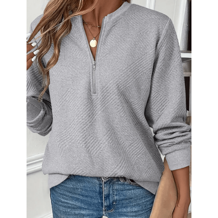 Ebba Grey Trendy Textured Half Zip Loose Sweatshirt