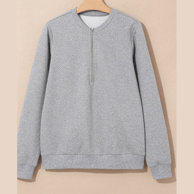 Ebba Grey Trendy Textured Half Zip Loose Sweatshirt