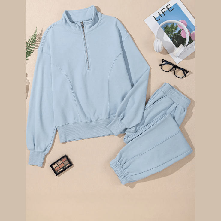 Everlee Sky Blue Half Zip up Pullover Active Top and Joggers Set
