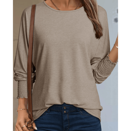 Farin Taupe Shirred Cuffs Solid Long Sleeve T Shirt
