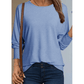 Farin Blue Shirred Cuffs Solid Long Sleeve T Shirt
