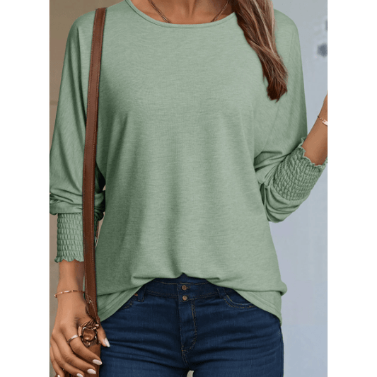 Farin Light Green Shirred Cuffs Solid Long Sleeve T Shirt