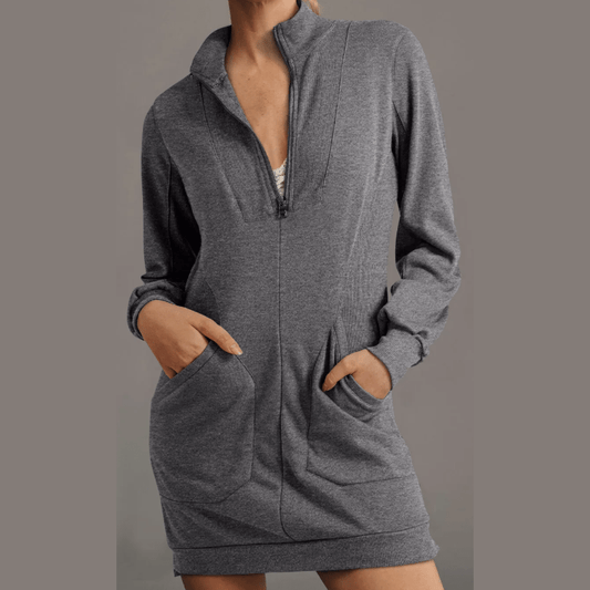 Gab Grey Zip Up Collared Ribbed Patchwork Sweatshirt Dress with Pockets