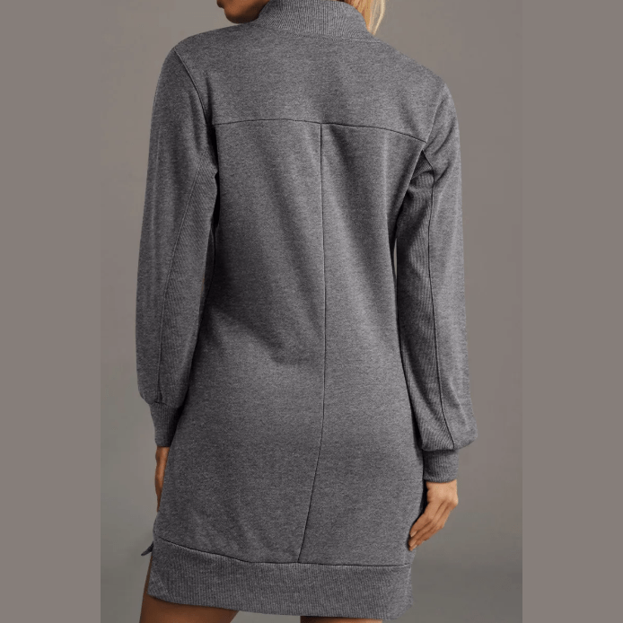 Gab Grey Zip Up Collared Ribbed Patchwork Sweatshirt Dress with Pockets