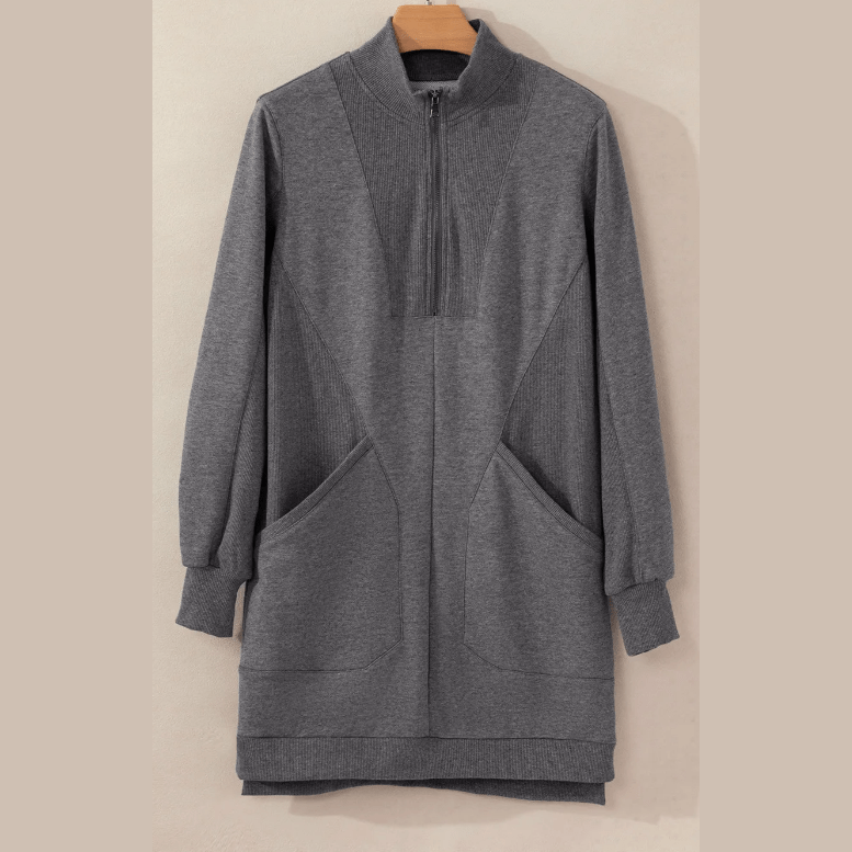 Gab Grey Zip Up Collared Ribbed Patchwork Sweatshirt Dress with Pockets