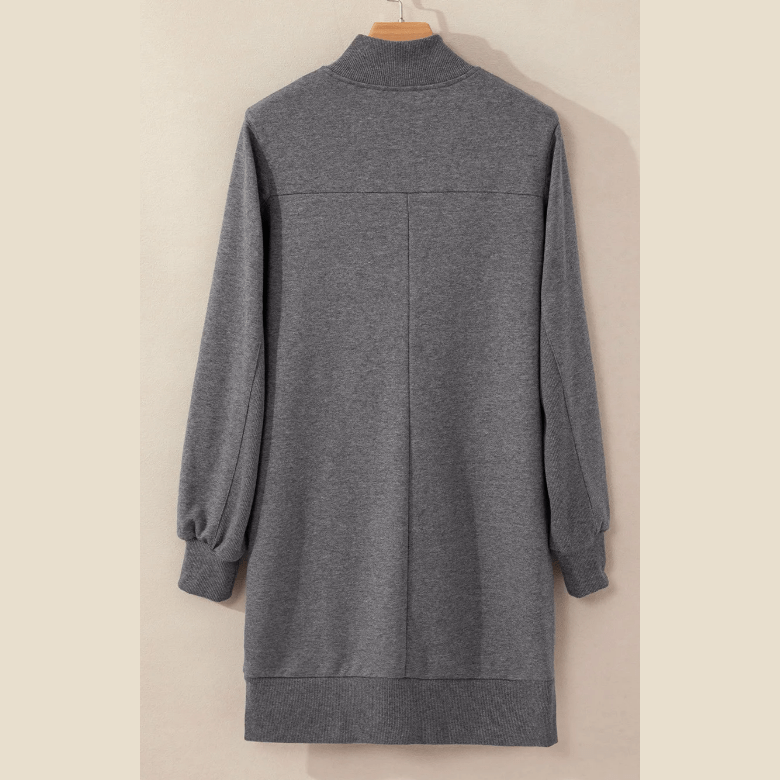 Gab Grey Zip Up Collared Ribbed Patchwork Sweatshirt Dress with Pockets