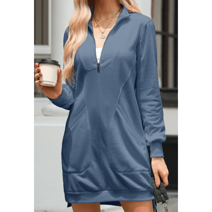 Gab Blue Zip Up Collared Ribbed Patchwork Sweatshirt Dress with Pockets