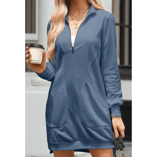 Gab Blue Zip Up Collared Ribbed Patchwork Sweatshirt Dress with Pockets