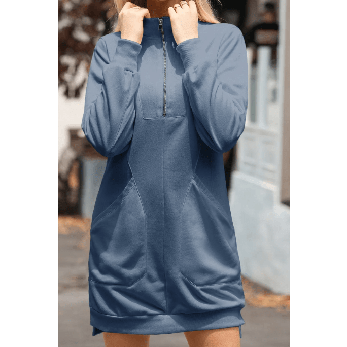 Gab Blue Zip Up Collared Ribbed Patchwork Sweatshirt Dress with Pockets