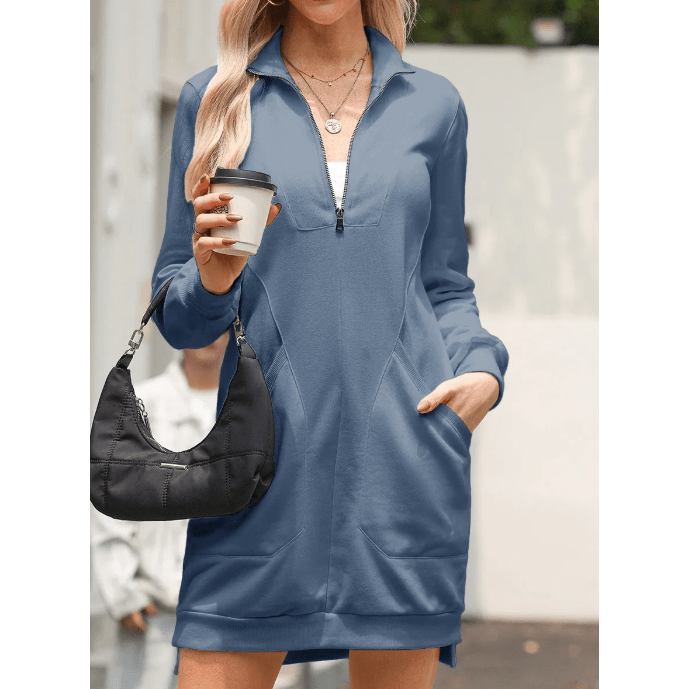 Gab Blue Zip Up Collared Ribbed Patchwork Sweatshirt Dress with Pockets