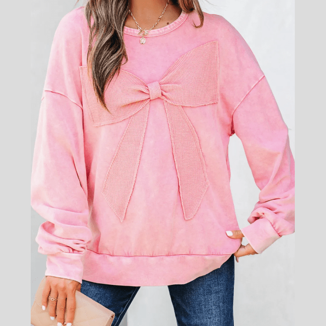 Sachi Pink Mineral Wash Big Bow Patchwork Pullover Sweatshirt