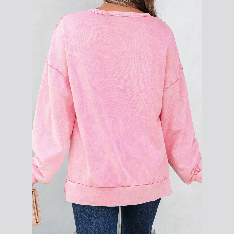 Sachi Pink Mineral Wash Big Bow Patchwork Pullover Sweatshirt
