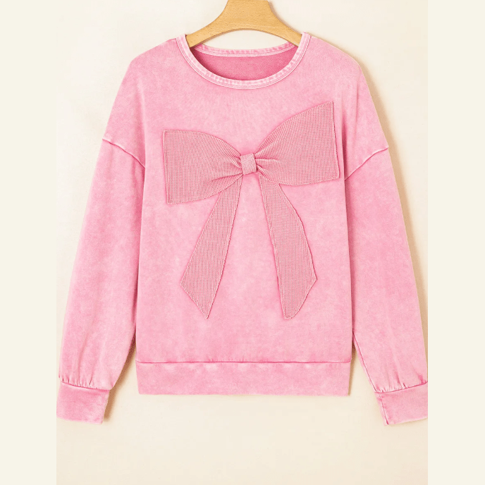 Sachi Pink Mineral Wash Big Bow Patchwork Pullover Sweatshirt