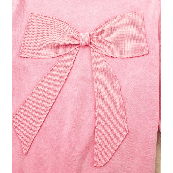 Sachi Pink Mineral Wash Big Bow Patchwork Pullover Sweatshirt