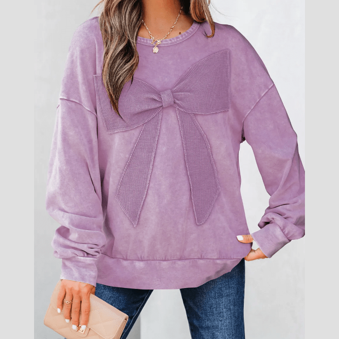 Sachi Orchid Mineral Wash Big Bow Patchwork Pullover Sweatshirt