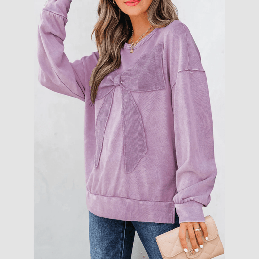 Sachi Orchid Mineral Wash Big Bow Patchwork Pullover Sweatshirt