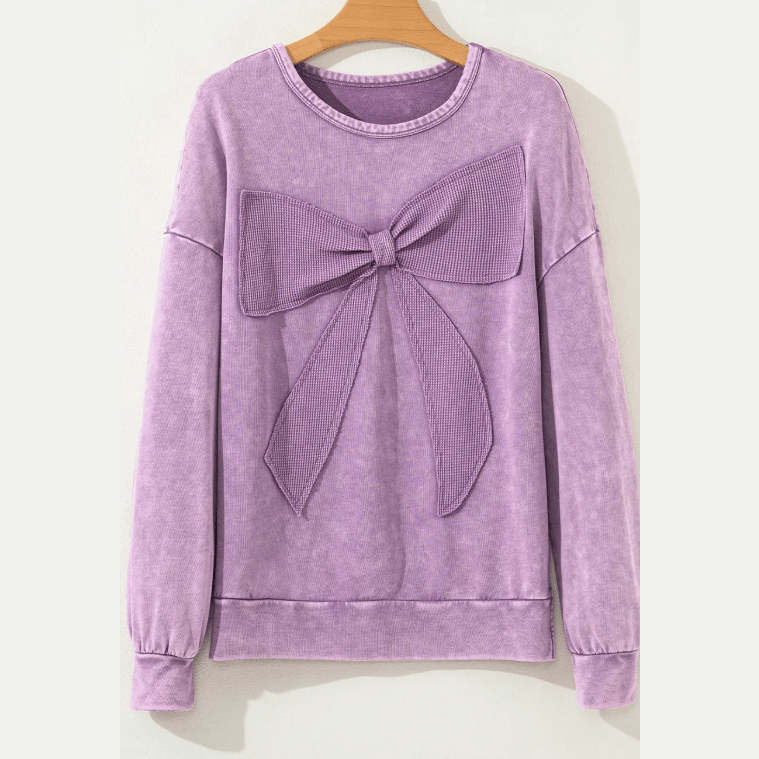 Sachi Orchid Mineral Wash Big Bow Patchwork Pullover Sweatshirt