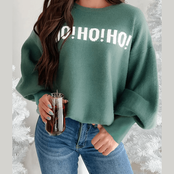 Green HO HO HO MERRY CHRISTMAS Drop Shoulder Loose Sweater
