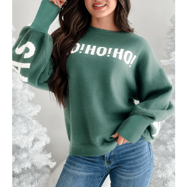 Green HO HO HO MERRY CHRISTMAS Drop Shoulder Loose Sweater