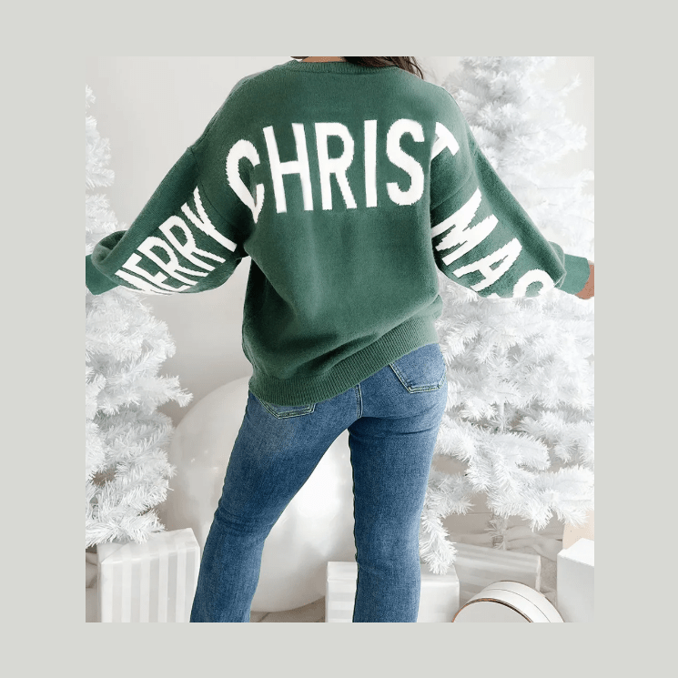 Green HO HO HO MERRY CHRISTMAS Drop Shoulder Loose Sweater