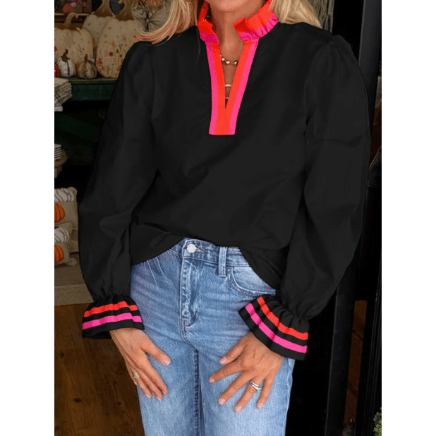 Jewell Black Striped Trim Ruffle Split Neck Long Sleeve Blouse