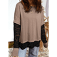 Jorja French Beige Sheer Lace Patchwork Casual Long Sleeve Tee