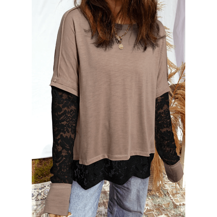 Jorja French Beige Sheer Lace Patchwork Casual Long Sleeve Tee