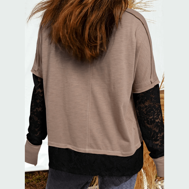 Jorja French Beige Sheer Lace Patchwork Casual Long Sleeve Tee