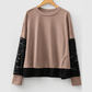 Jorja French Beige Sheer Lace Patchwork Casual Long Sleeve Tee