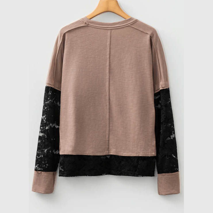 Jorja French Beige Sheer Lace Patchwork Casual Long Sleeve Tee