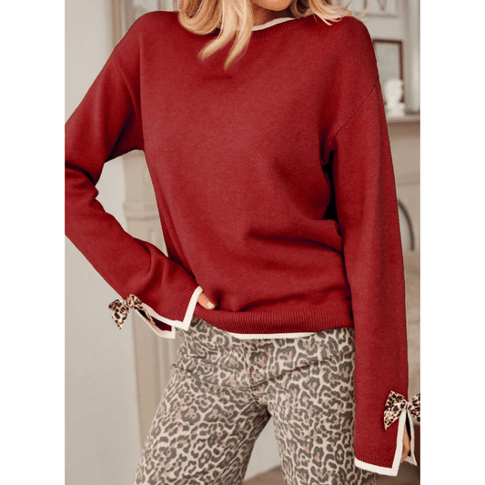 Aliza Red Leopard Bow Decor Split Cuff Contrast Trim Sweater