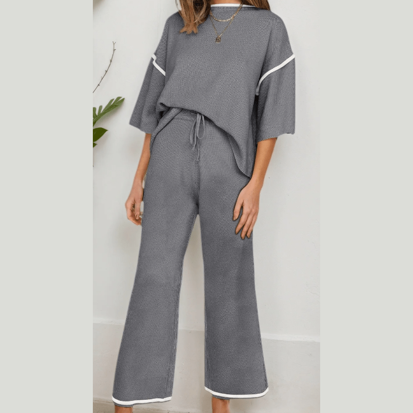 Tatina Grey Contrast Trim Half Sleeve Top Drawstring Pants Loose 2pcs Sweater Suit