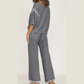 Tatina Grey Contrast Trim Half Sleeve Top Drawstring Pants Loose 2pcs Sweater Suit