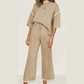 Tatina Camel Contrast Trim Half Sleeve Top Drawstring Pants Loose 2pcs Sweater Suit