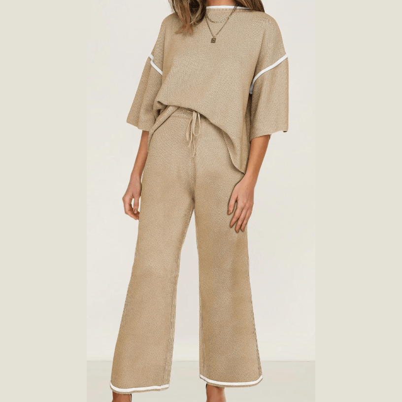 Tatina Camel Contrast Trim Half Sleeve Top Drawstring Pants Loose 2pcs Sweater Suit